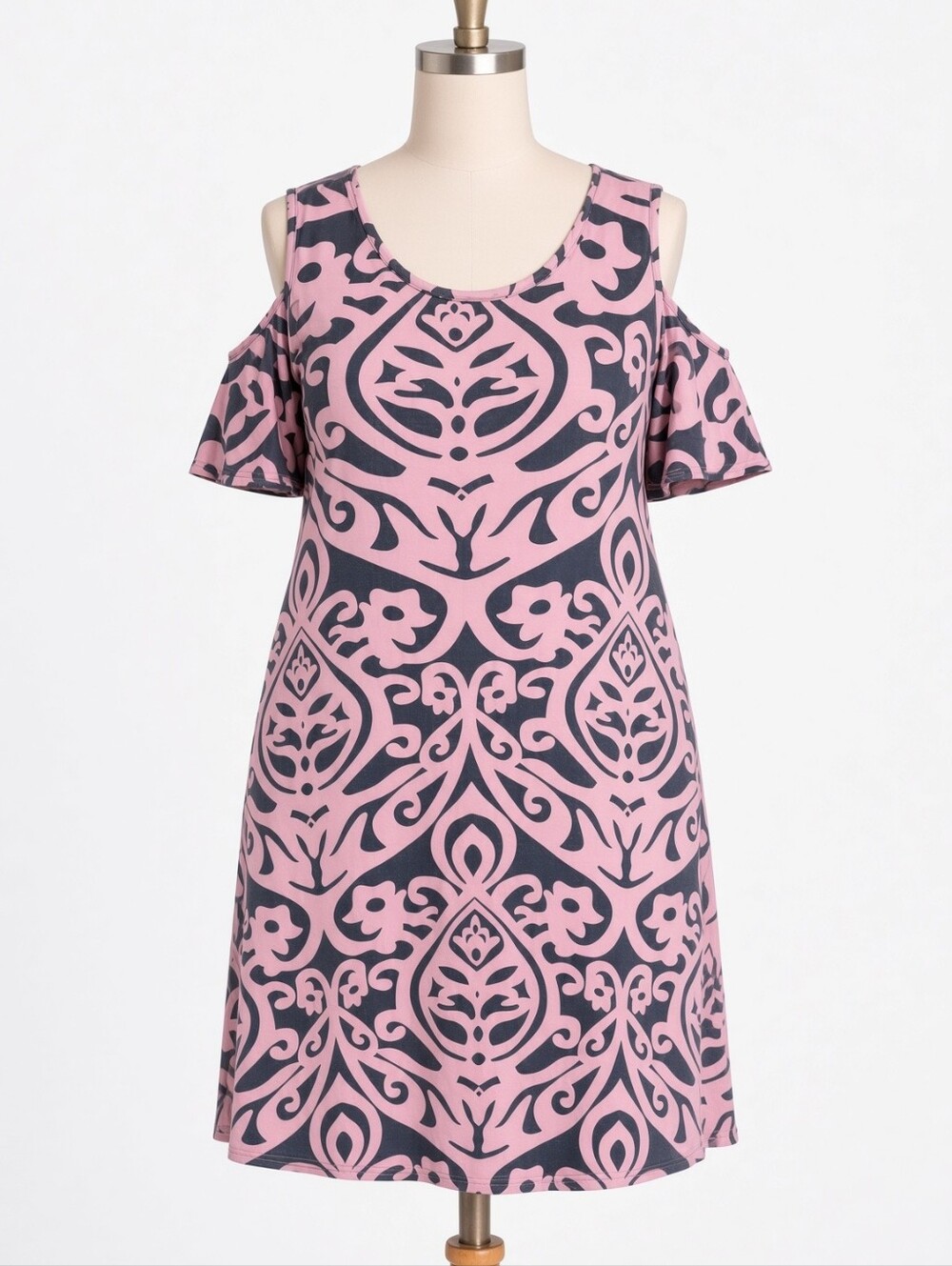 Kancystore Cold Shoulder Dress 2XL Pink Dark Gray Pockets